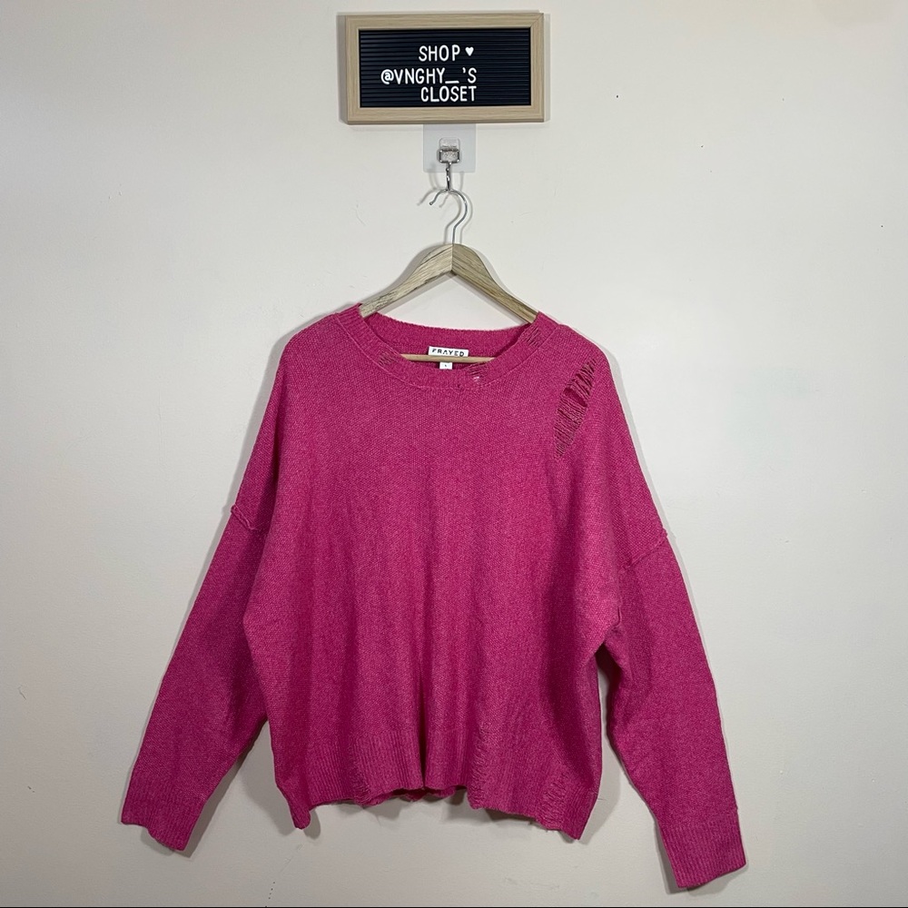 Frayed Denim Gwen Distressed Raspberry Rose Sweater